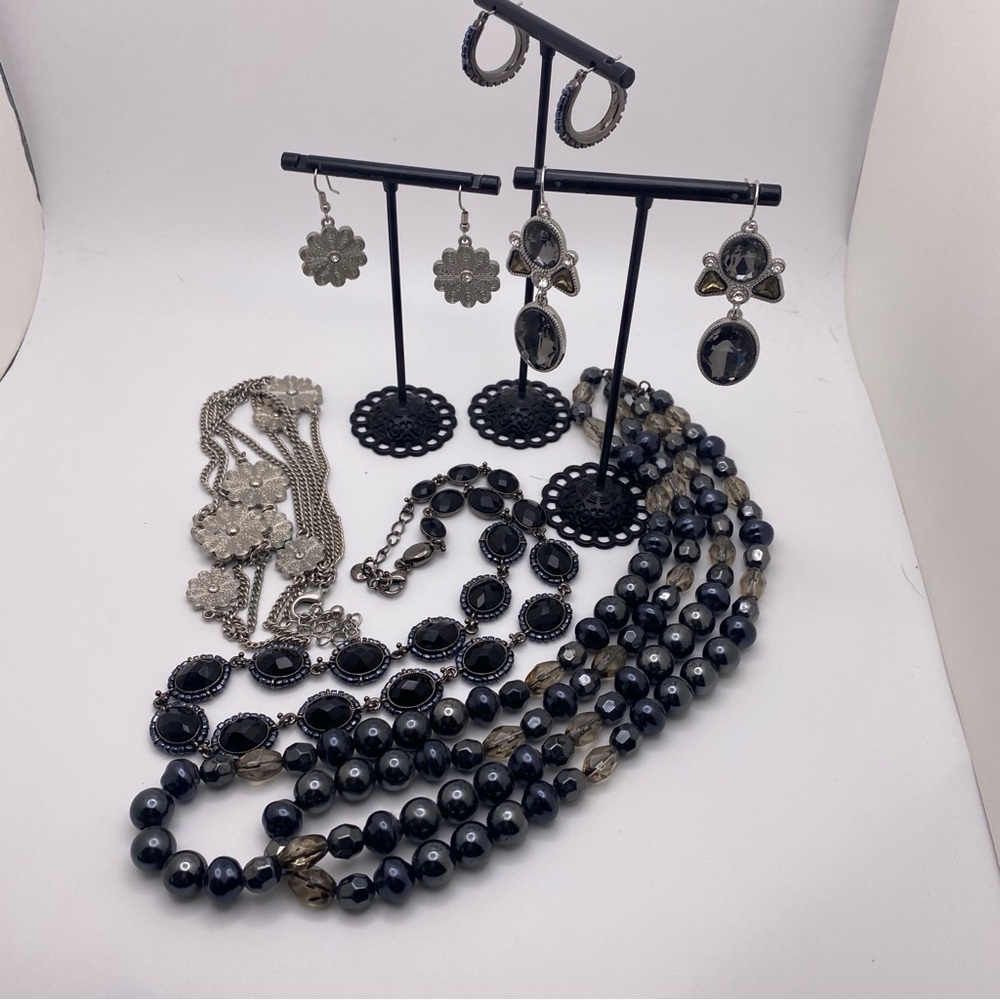 Talbots Black & Silver Jewelry Set 3 Pierced Earrings & 3 Matching Necklaces